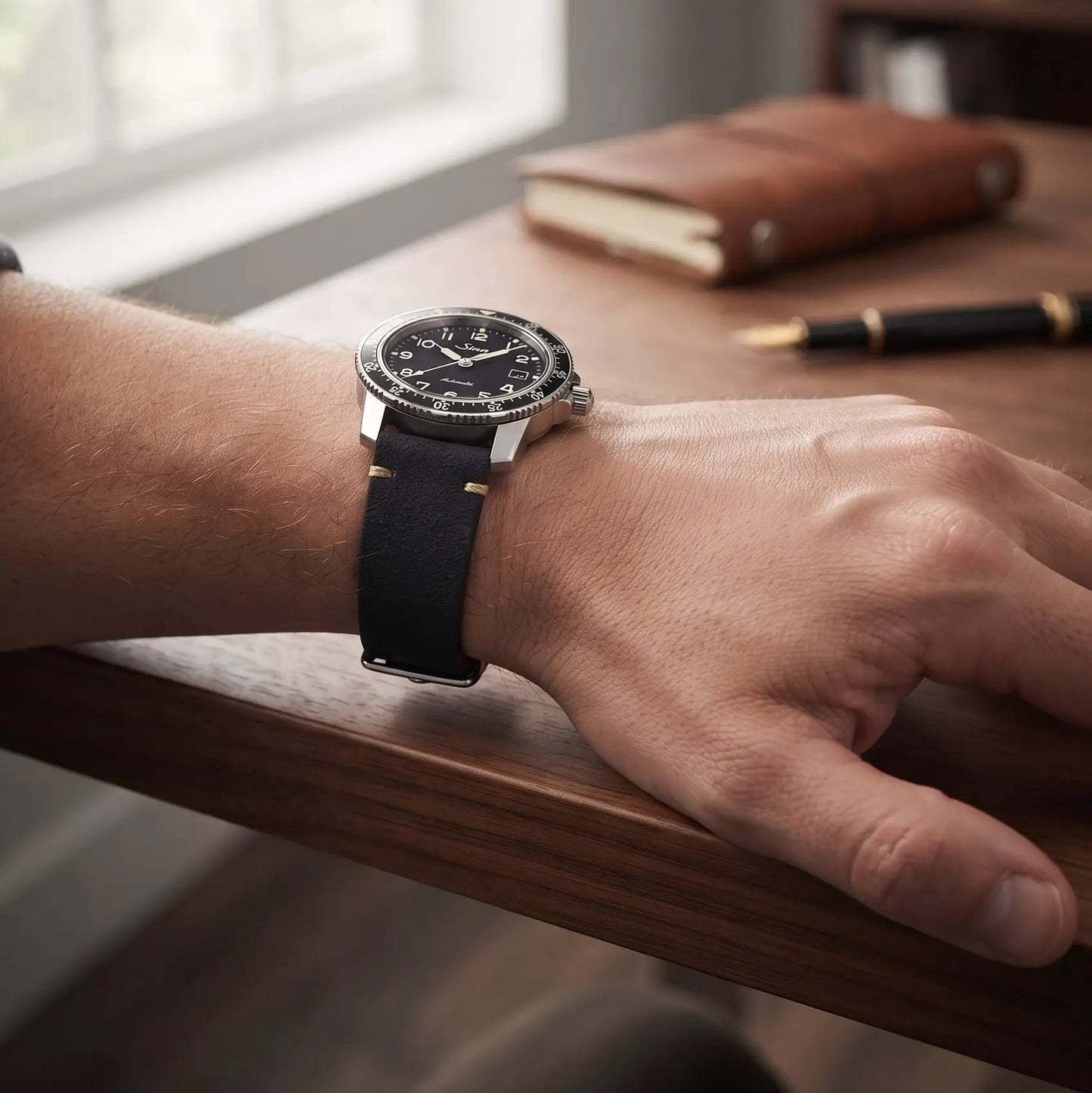 Sinn pilot watch fitted with a black suede leather watch strap worn at a wooden desk beside a notebook and fountain pen, showcasing timeless style for everyday wear and the office.