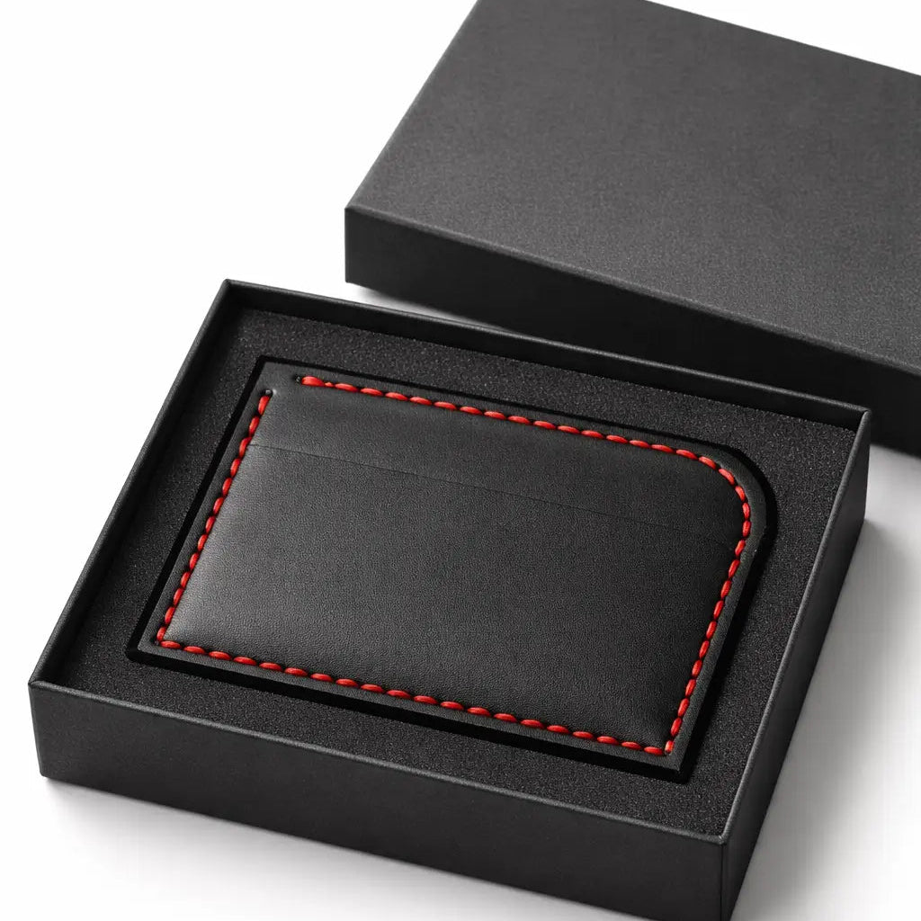 Black leather cardholder with red stitching presented inside an open black gift box on a clean white background.
