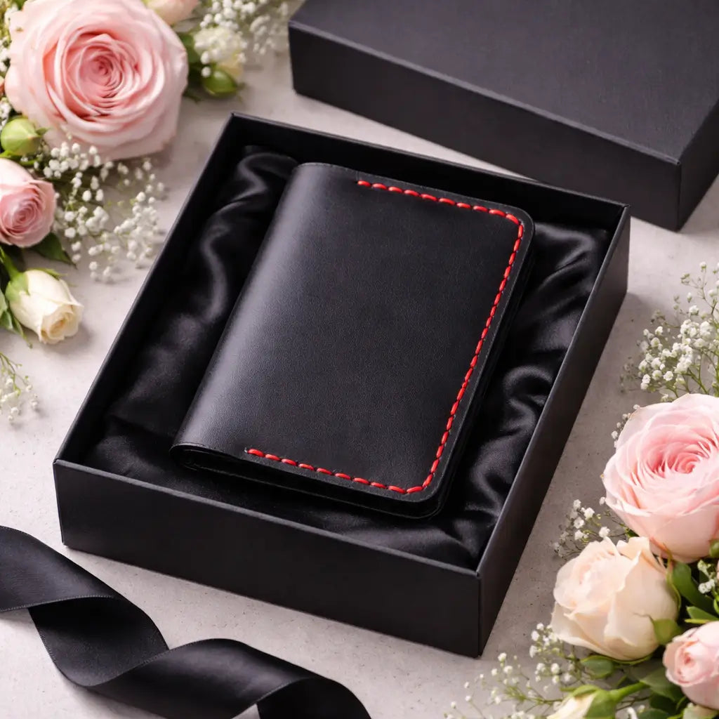 A premium handcrafted black leather bifold card holder featuring vibrant red contrast stitching, presented on a black silk lining inside an elegant black gift box, surrounded by light pink roses and baby's breath.