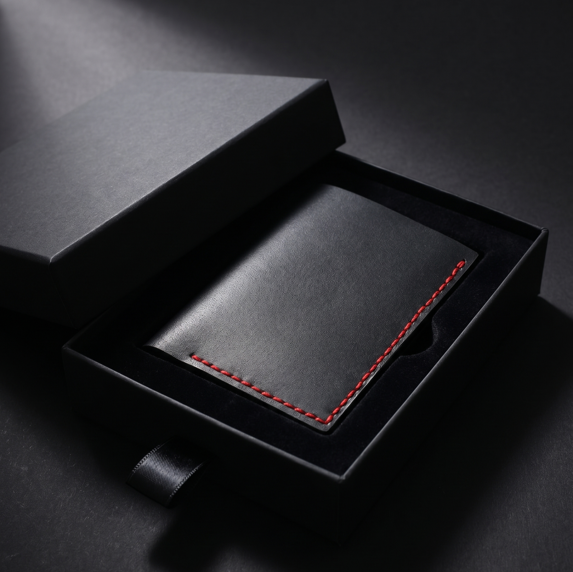 Black leather wallet with red stitching presented inside an open black gift box on a dark surface.