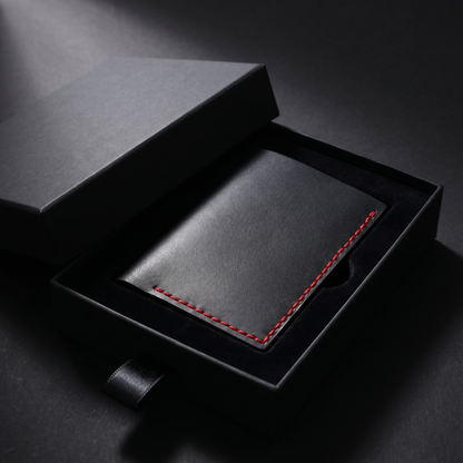 Black leather wallet with red stitching presented inside an open black gift box on a dark surface.