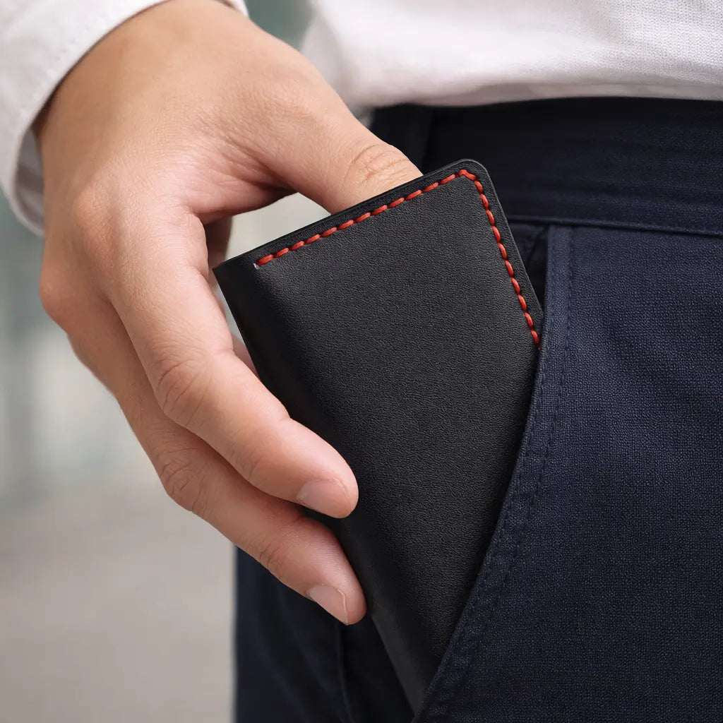 Hand placing a black leather wallet with red stitching into a trouser pocket, highlighting a sleek, everyday carry lifestyle moment.