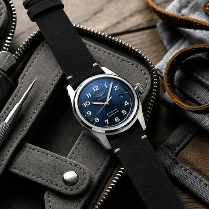 22mm vintage black suede leather watch strap on Longines Spirit automatic watch, handcrafted premium watch band with classic stitched design.