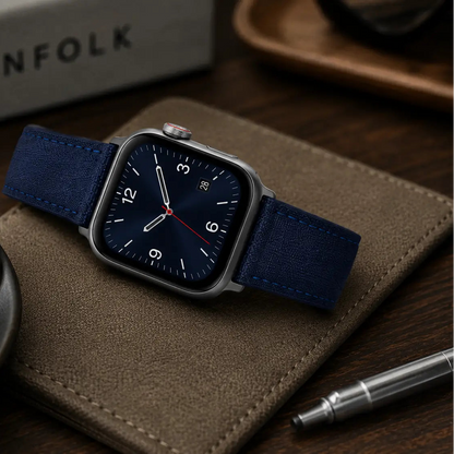 Premium lifestyle scene featuring a men’s smartwatch fitted with a navy blue textured watch strap. The watch is styled in a sophisticated desk setting with coffee, leather accessories, and warm ambient lighting, highlighting an elegant everyday-carry aesthetic.