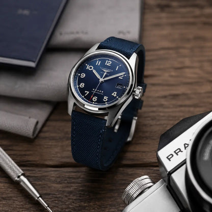 22mm blue canvas watch strap on Longines Spirit Chronometer, premium quick-release watch band with sporty everyday styling and durable textured finish.