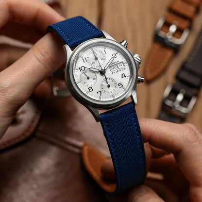 20mm blue canvas watch strap on Sinn Flieger chronograph, handcrafted quick-release watch band with aviation-inspired design and modern casual appeal.