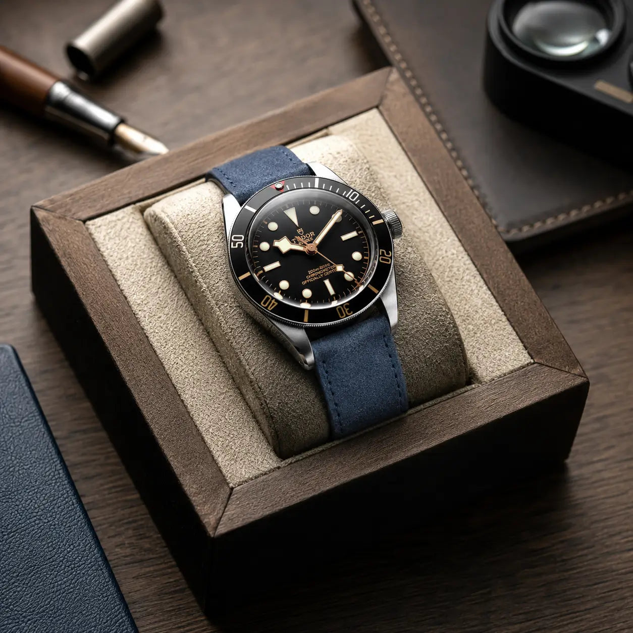 Luxury editorial watch photograph featuring a black-dial diver-style watch displayed inside a dark wooden presentation box with a soft beige suede cushion. The watch is fitted with a slightly lighter blue suede leather strap with tonal stitching, styled with a fountain pen, leather desk mat, and camera lens accessory under warm studio lighting.