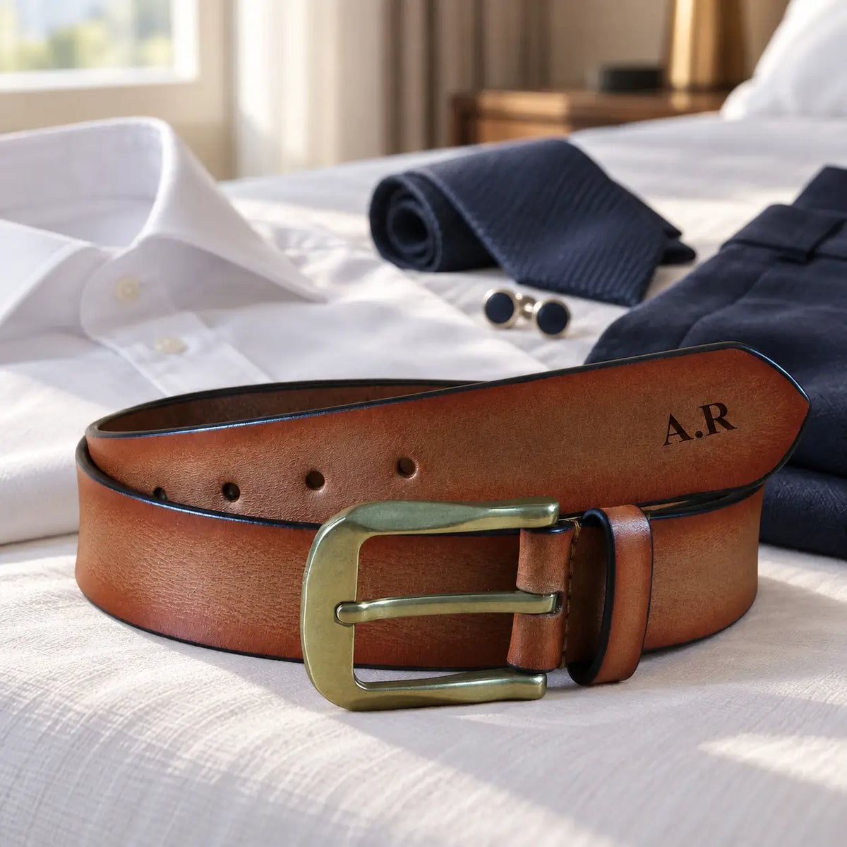 Personalised brown leather belt for men with brass buckle and engraved initials A.R displayed with formal clothing
