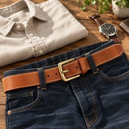 Brown leather men’s belt with cream stitching and brass buckle worn through dark indigo jeans beside a neutral shirt and wristwatch.