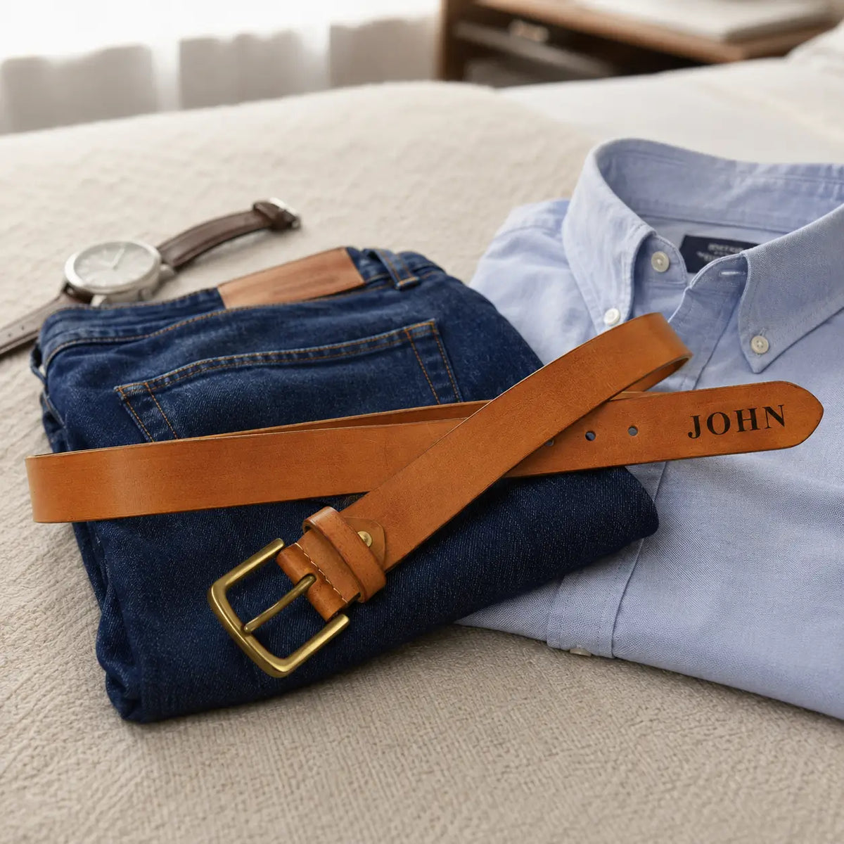 Personalised brown leather men’s belt with brass buckle laid across folded blue jeans and a light shirt.