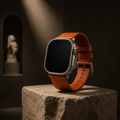 Apple Watch Ultra fitted with a warm cognac pebbled leather strap stands upright on a sculptural stone pedestal inside a dark gallery setting. A single spotlight creates dramatic shadows and highlights the leather grain, contrast stitching, and brushed titanium finish. The screen is completely off and black for a refined luxury presentation.