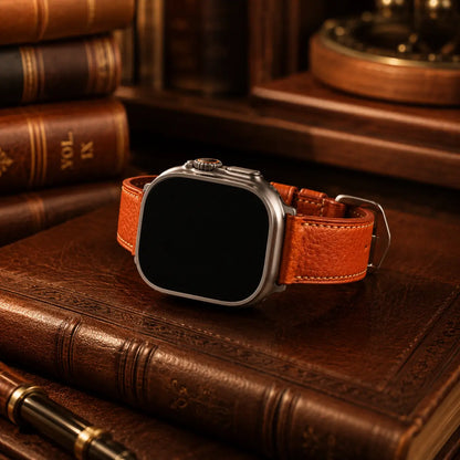 Apple Watch Ultra fitted with a handcrafted cognac leather strap resting atop vintage leather-bound books in an elegant library setting. Warm cinematic lighting enhances the rich wood tones, detailed stitching, and pebbled leather texture while the watch screen stays completely off and black.