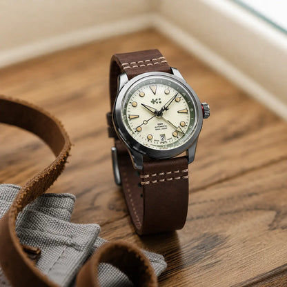 22mm dark brown leather watch strap on Christopher Ward GMT automatic watch, handcrafted vintage leather watch band with contrast stitching.