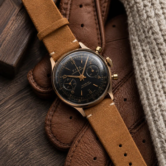20mm brown suede leather watch strap on Fita chronograph watch, handcrafted vintage quick-release watch band with classic stitched design.