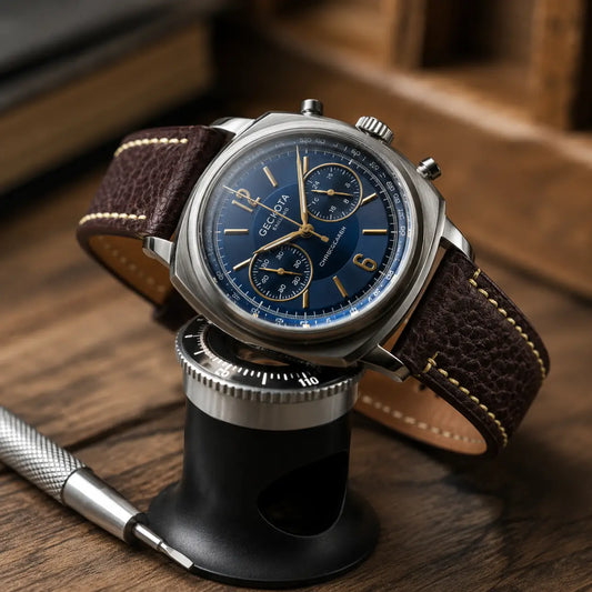 20mm Chestnut brown leather watch strap paired with Geckota Chronograph watch, handcrafted premium leather watch band with textured finish and contrast stitching.