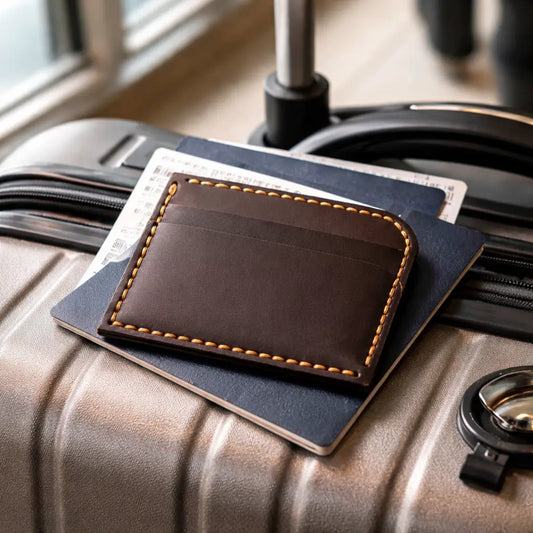 A premium handcrafted dark brown leather wallet with high-contrast perimeter stitching, displayed on a passport and luggage to showcase its slim profile for travel.