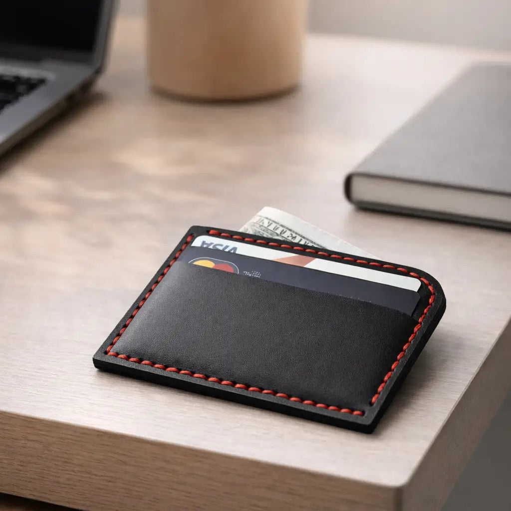 Black leather cardholder with red stitching holding cards and cash, placed on a wooden desk beside a laptop and notebook.