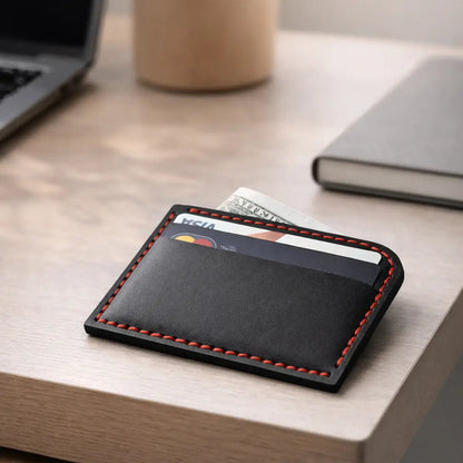Black leather cardholder with red stitching holding cards and cash, placed on a wooden desk beside a laptop and notebook.
