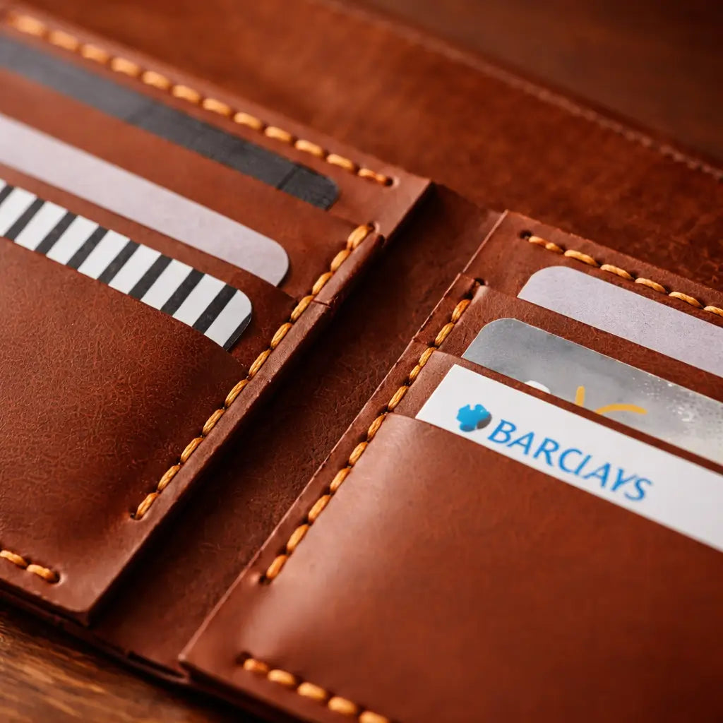 Close-up of an open brown leather wallet showing multiple card slots with inserted cards, detailed stitching, and rich leather texture under warm lighting.