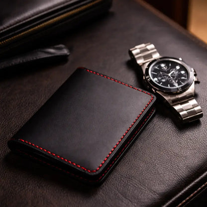 A side-profile studio shot of a tan full-grain leather bifold cardholder, highlighting the precision-engineered 0.8cm slim architecture and layered leather edge construction isolated on a white background.