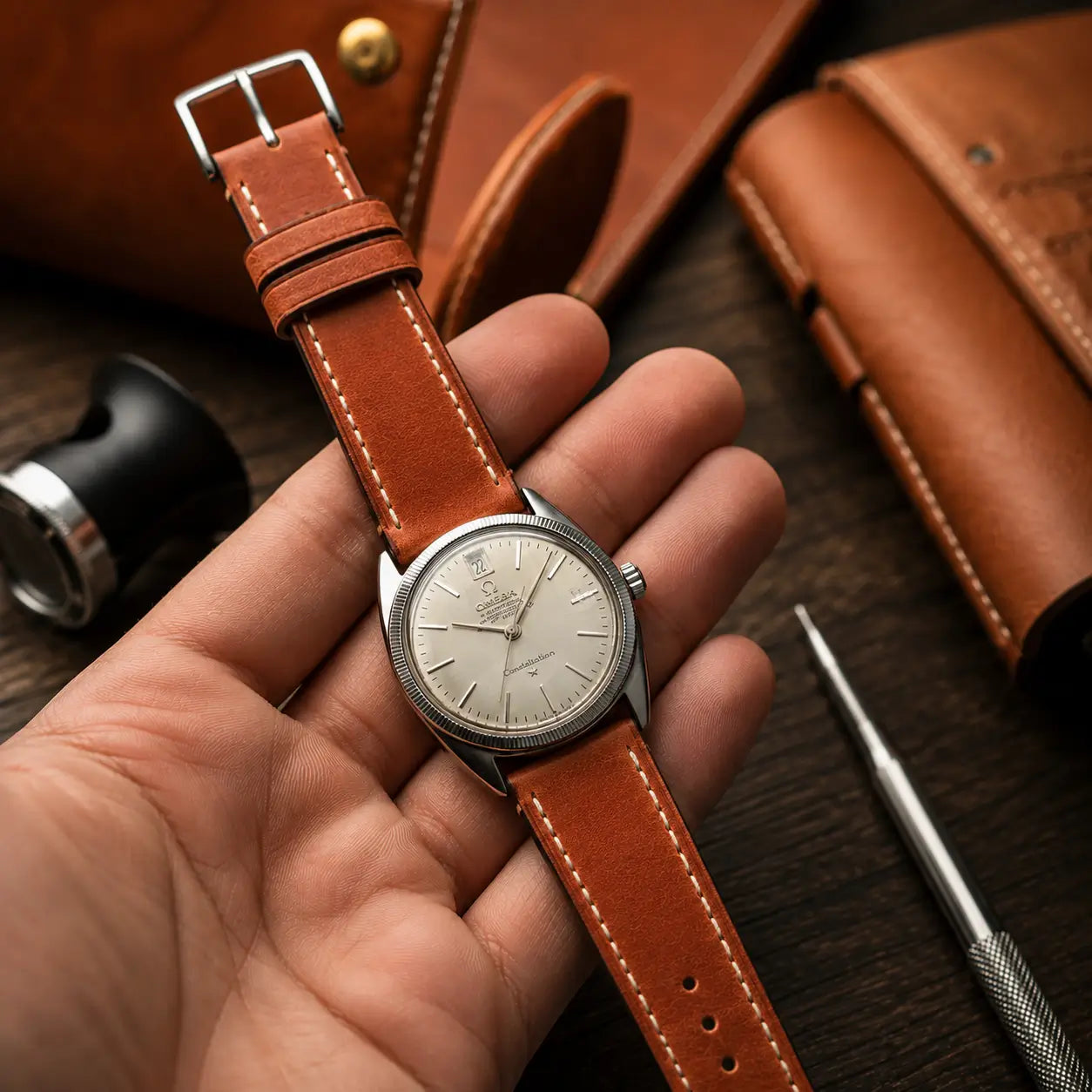 20mm Coral brown leather watch strap paired with Omega Constellation, handcrafted premium watch band with contrast stitching and vintage-inspired styling.