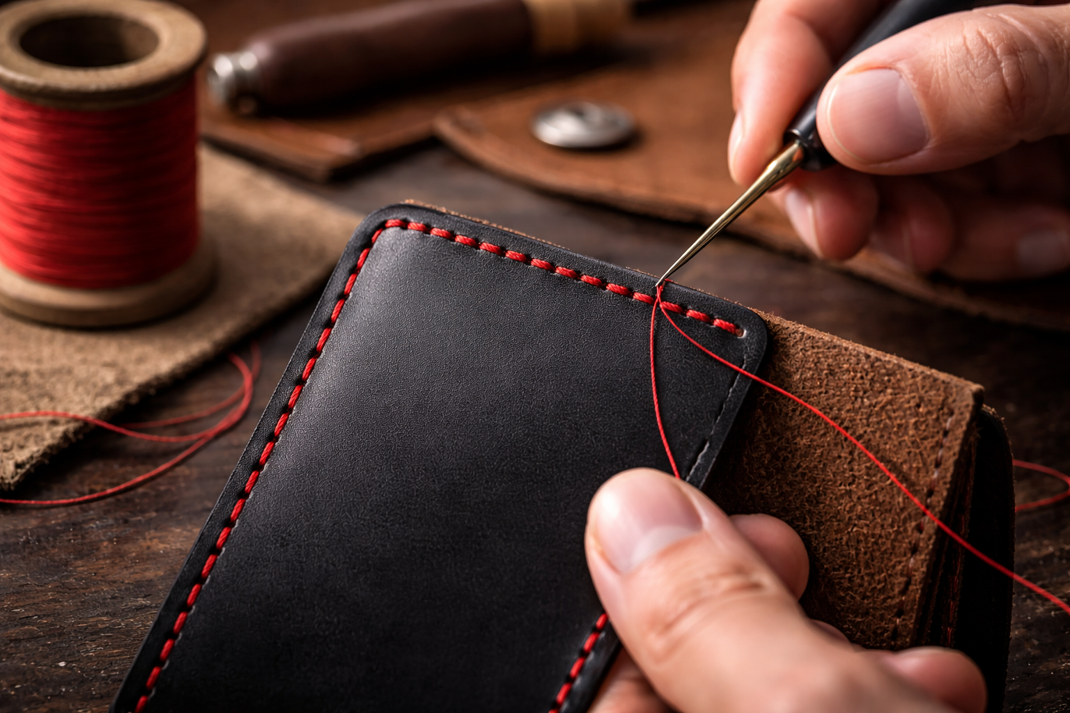 Artisan hand-stitching a full-grain black leather wallet using traditional tools