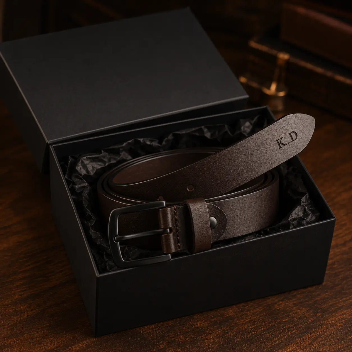 Black leather men’s belt with classic metal buckle photographed on a clean white background