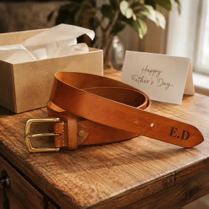 Personalised cognac brown leather men’s belt with engraved initials E.D., antique brass buckle and gift box on a wooden table.