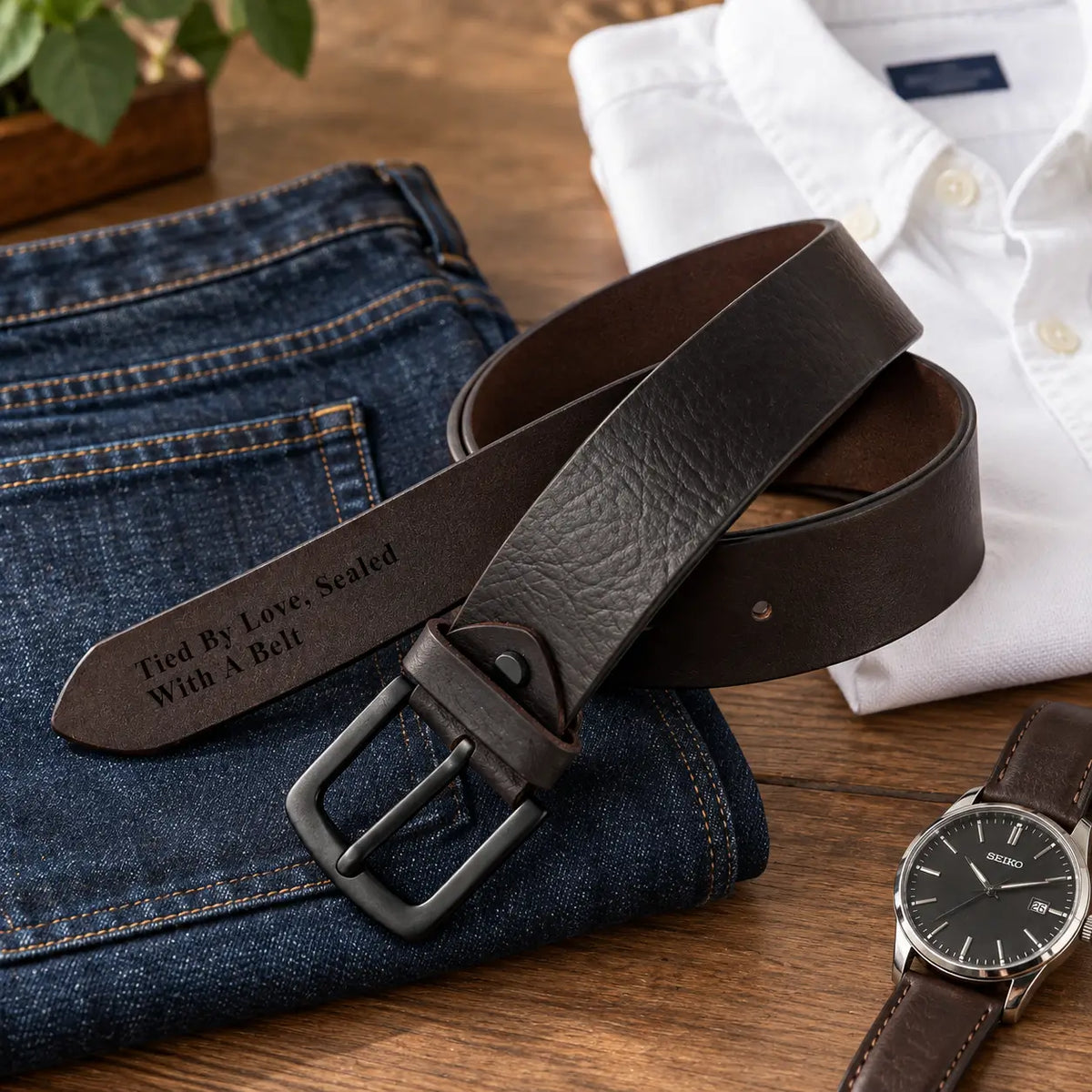 Black leather belt for men styled with blue jeans, wallet and watch in a casual flat lay