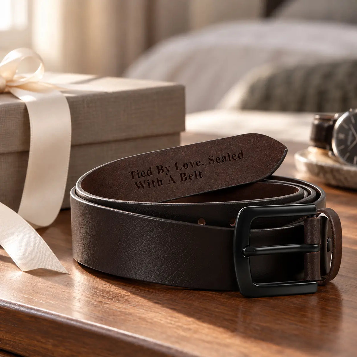 Personalised black leather belt for men with engraved message on inside, displayed beside gift box