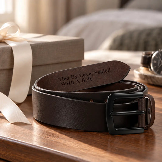 Personalised black leather belt for men with engraved message on inside, displayed beside gift box