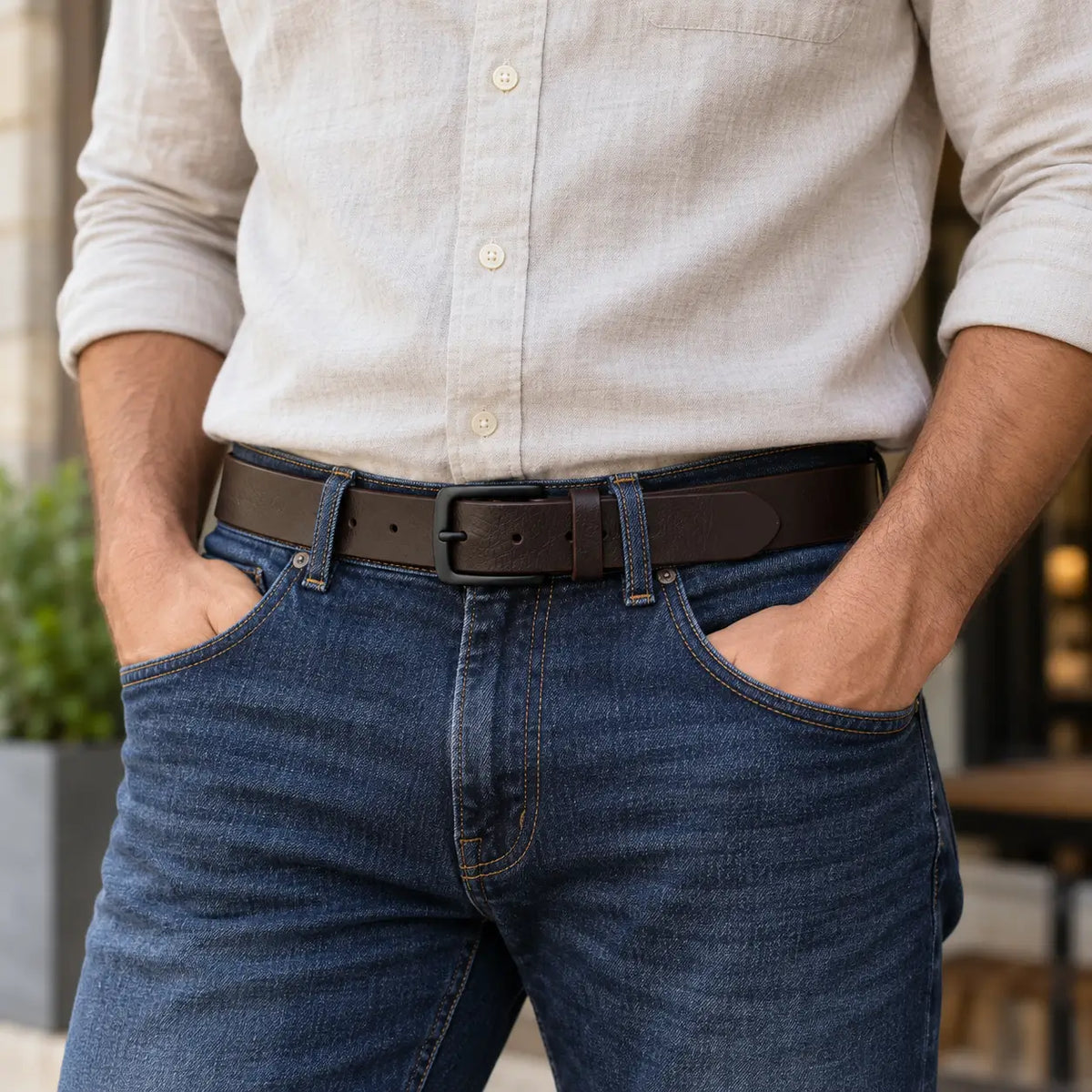 Black leather men’s belt worn with blue jeans and white shirt for smart casual everyday style