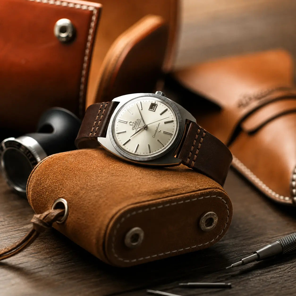 20mm dark brown vegetable tanned leather watch strap fitted to Omega Constellation vintage watch, handcrafted leather watch band with classic stitched finish.