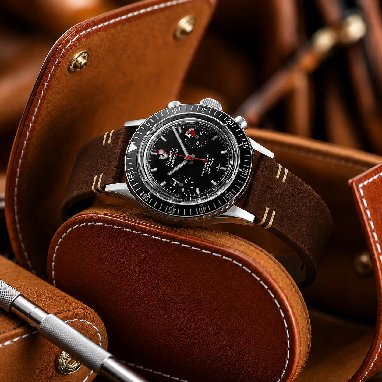 Premium black chronograph wristwatch with a polished steel case and tachymeter bezel styled inside an open brown leather case. The watch is paired with a dark brown leather strap with contrast stitching and photographed in warm studio lighting with leather accessories and a precision tool in the foreground.