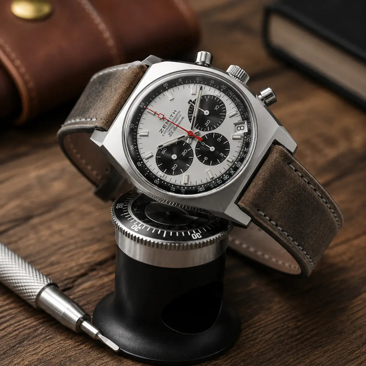22mm dark grey leather watch strap fitted to Zenith Chronomaster El Primero, premium handcrafted vintage watch band with distressed finish.