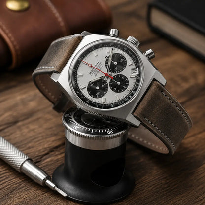 22mm dark grey leather watch strap fitted to Zenith Chronomaster El Primero, premium handcrafted vintage watch band with distressed finish.