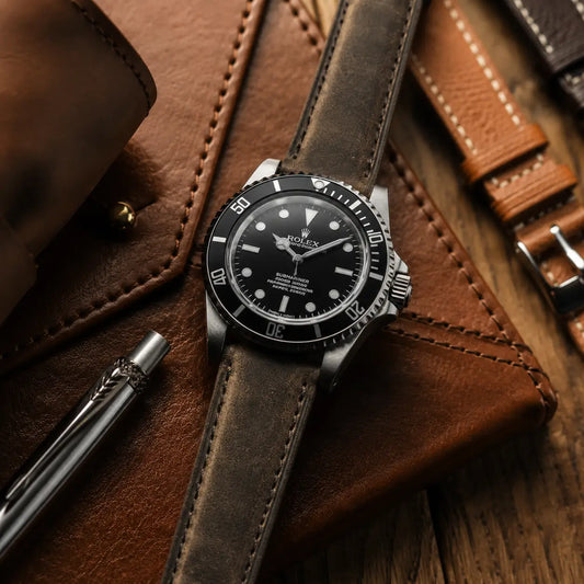 20mm dark grey vintage leather watch strap on Rolex Submariner, handcrafted distressed leather watch band with rugged classic styling.