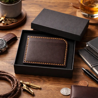 A premium handcrafted dark brown leather card holder featuring prominent light orange contrast stitching, presented inside an open matte black gift box with a foam insert, isolated on a white background.