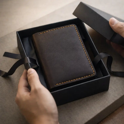 A lifestyle shot of a tan full-grain leather bifold cardholder held outdoors against a soft-focus garden background, showcasing the rich natural grain and precision artisanal stitching in natural sunlight.