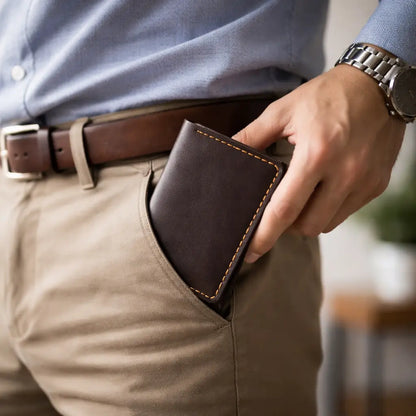 A lifestyle flat lay featuring an open tan full-grain leather bifold cardholder revealing internal card slots, paired with a classic metallic watch and leather-bound notebook on a textured wooden surface for a premium everyday carry aesthetic.