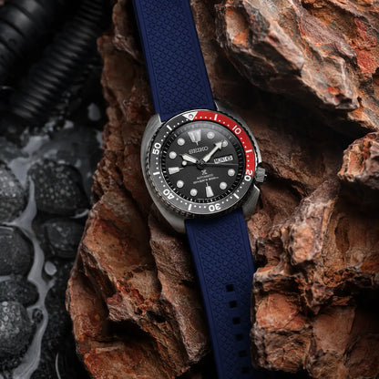 22mm blue FKM rubber watch strap on Seiko Prospex diver watch, waterproof textured sport band with rugged durability and premium everyday performance.