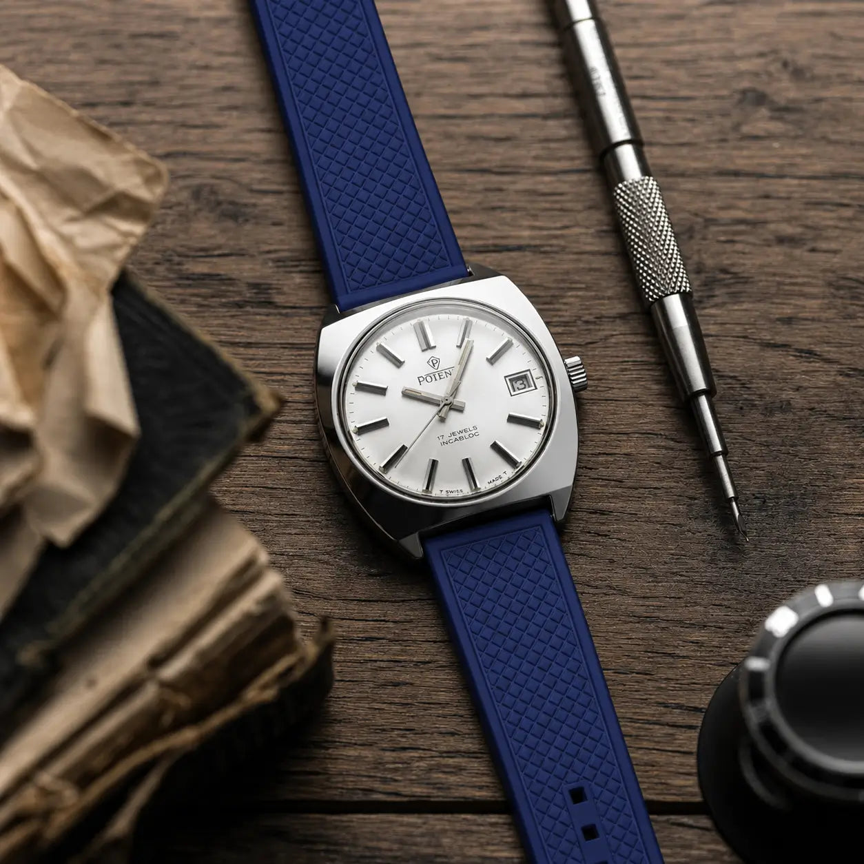 20mm blue FKM rubber watch strap on Potens vintage dress watch, textured performance watch band with quick-release design and flexible all-day wear.