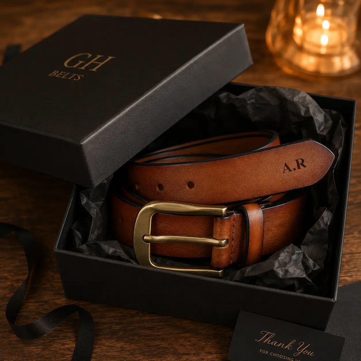 Personalised brown leather belt presented in premium black gift box as a gift for men