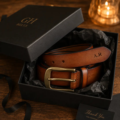 Personalised brown leather belt presented in premium black gift box as a gift for men