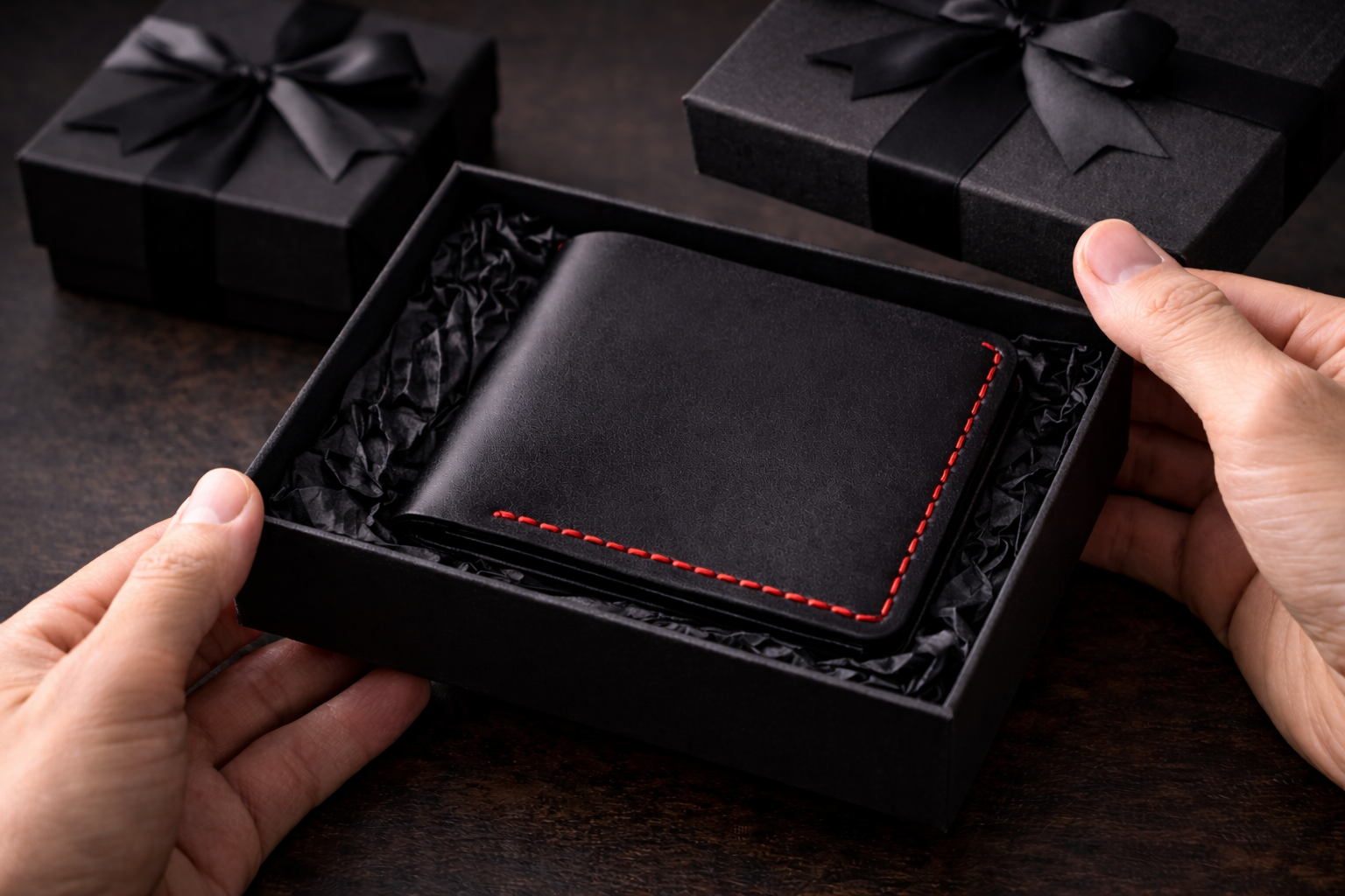 Luxury black gift box packaging for a personalized Tascony leather wallet