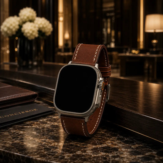 Apple Watch Ultra fitted with a rich brown leather strap standing upright on polished walnut and dark marble surfaces inside a luxury executive lounge. Warm cinematic lighting, soft reflections, leather seating, and crystal glass details create an upscale editorial atmosphere. The strap retains its natural brown tone with visible contrast stitching, and the watch screen is completely black.