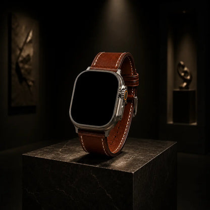 Apple Watch Ultra displayed as a sculptural luxury object on a dark stone pedestal inside a minimalist gallery space. A single overhead spotlight creates dramatic shadows and highlights the warm brown leather strap texture and stitching. The matte titanium case contrasts against the dark environment, with the screen fully off and pure black.