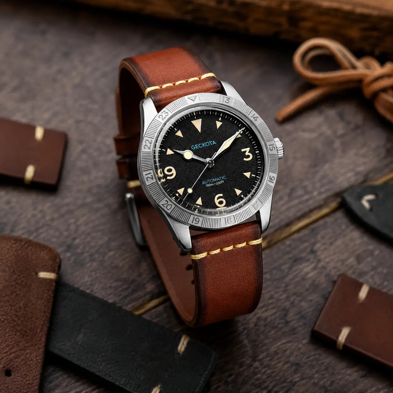 20mm vintage brown Italian leather watch strap fitted on Geckota automatic watch, handcrafted leather watch band with heritage-inspired stitching and style.