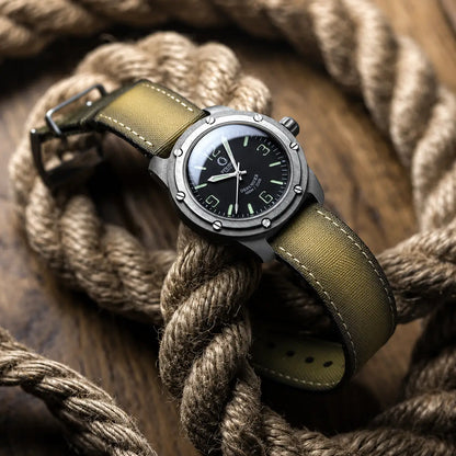 22mm khaki canvas watch strap on Citizen Eco-Drive field watch, rugged military-style watch band with textured finish and durable outdoor-inspired appeal.