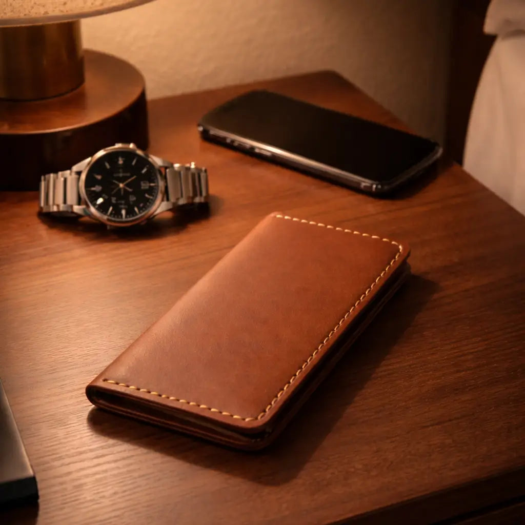 Brown leather wallet with visible stitching placed on a wooden table beside a wristwatch,mobile phone ,illuminated by warm natural sunlight for a premium lifestyle scene.